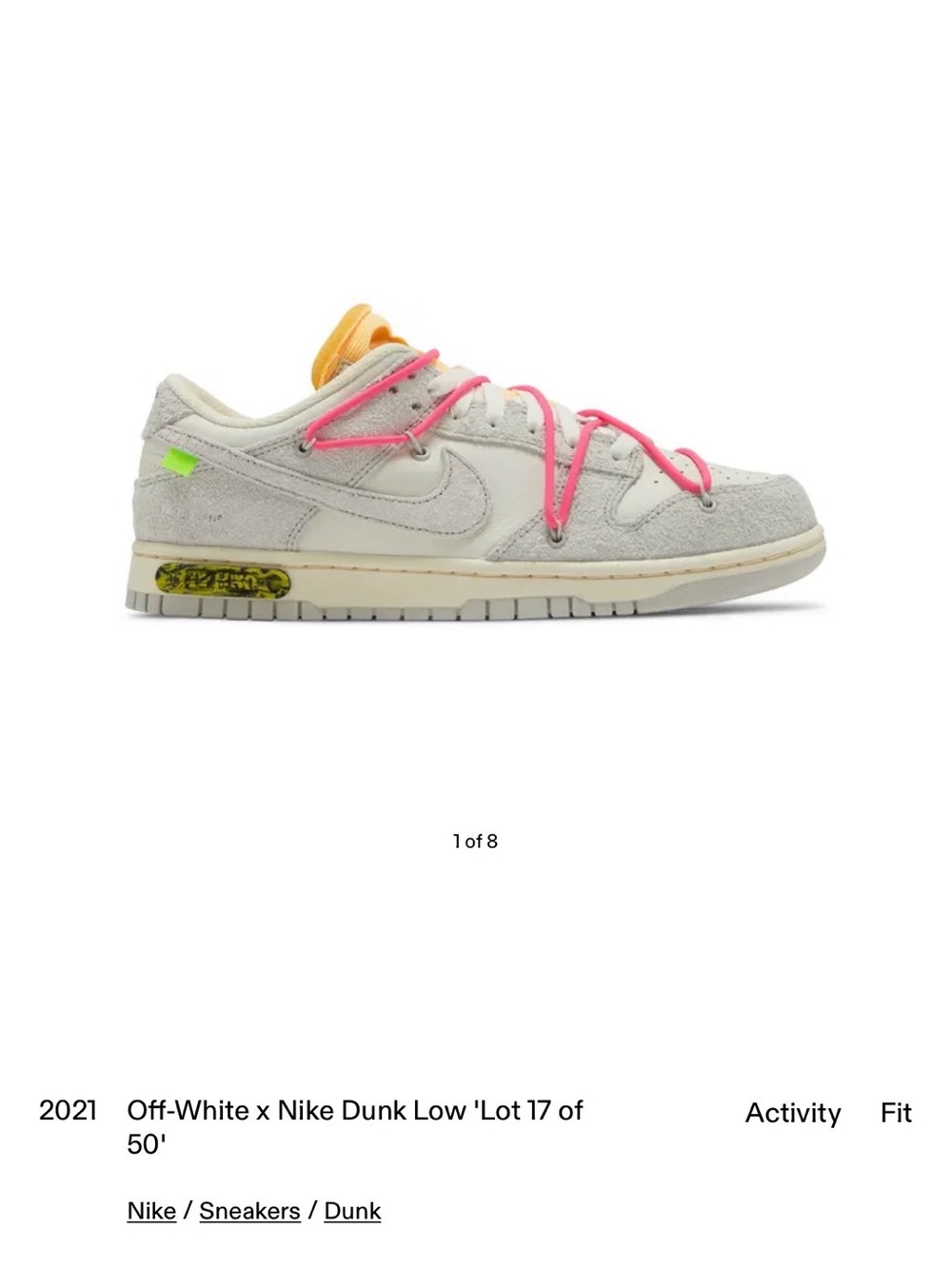 Off-White x Nike Dunk Low ‘Lot 17 of 50’
- Men’s 7; Women’s 8.5